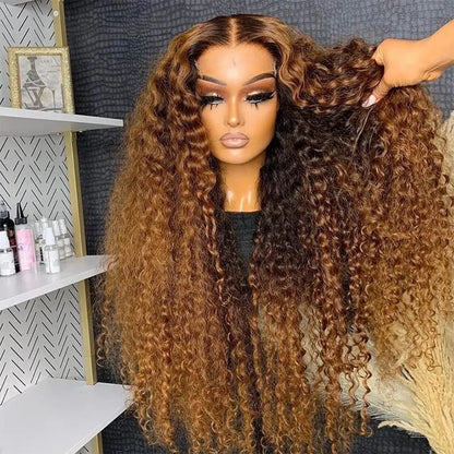 Brazilan Hd Lace Highlight Water Deep Wave Frontal Wig Honey Brown Glueless Curly Lace Front Wigs Colored Synthetic Bob for Women 30 Inch