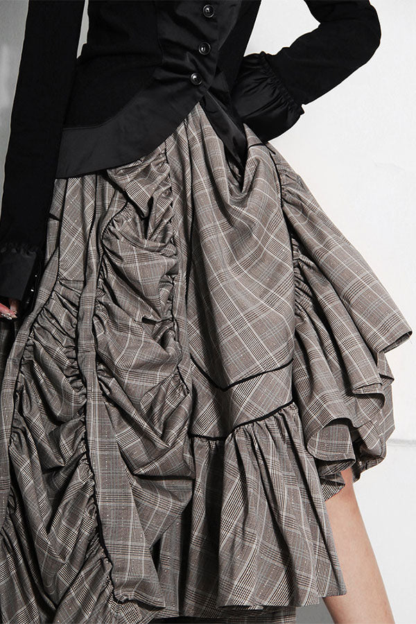 storexq Plaid Dramatic Ruffle Irregular Skirt