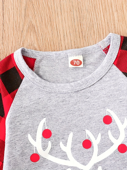 Baby Boy's "Merry Christmas" Print Bodysuit, Comfy Plaid Pattern Reglan Sleeve Onesie, Infant's Clothing For Fall Winter