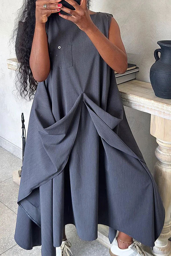 storexq Solid Color Casual Draped Irregular Midi Dress