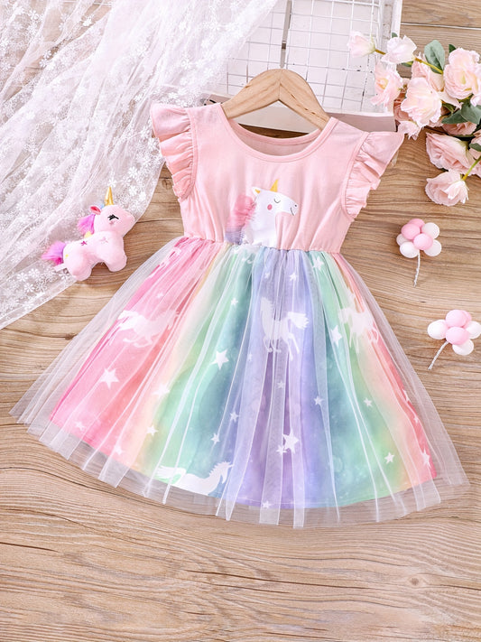 Toddler Girls Cartoon Unicorn Ruffled Sleeveless Round Neck Contrast Mesh Dress Kids Summer Clothes