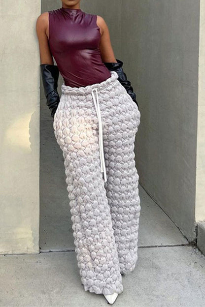 storexq Solid Color Bubble Texture Casual Drawstring Pants