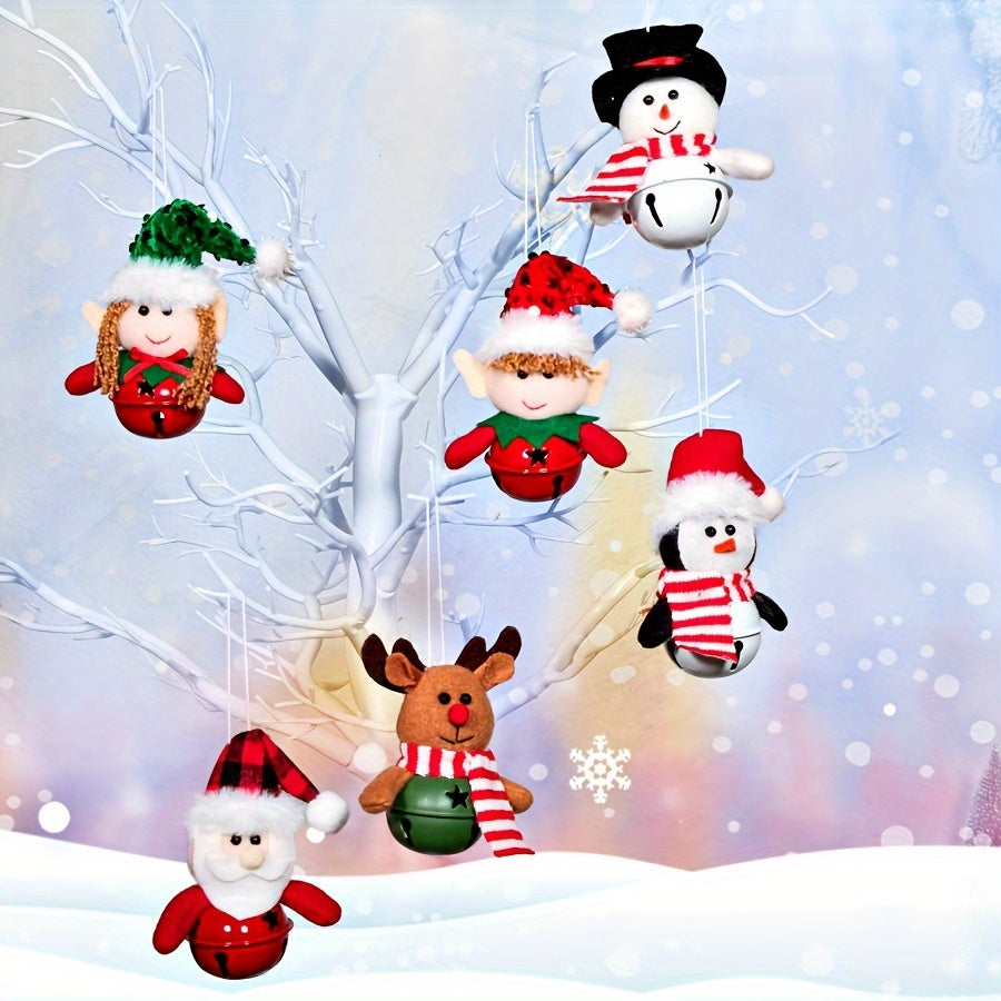 6-Pack Festive Christmas Tree Ornaments, Fabric Fabric Snowman, Reindeer, Santa Claus, Elf, Jingle Bells, Contemporary Style, No Power Needed, Home Decor Accessories