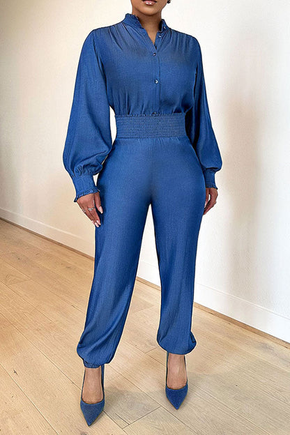 storexq Solid Color Feminine Shirred Waist Jumpsuit