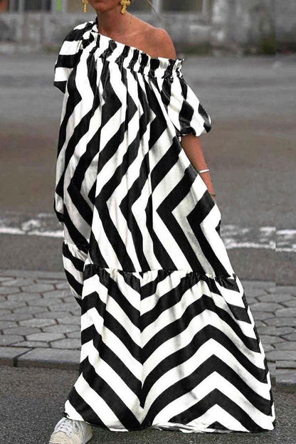 storexq Color Block Zig Zag Urban Ruffle Hem Maxi Dress