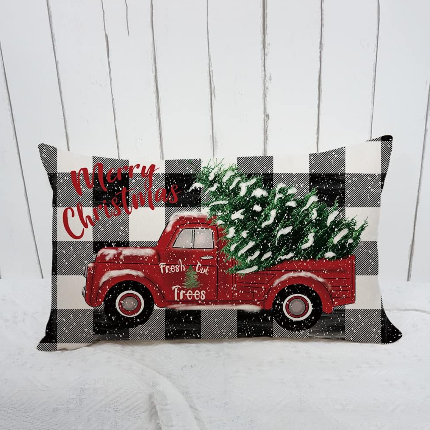 12 x 20 Inch Single Sided Linen Festive Farmhouse Christmas Pillow Cover: Red Truck with Plaid Background, Machine Washable, Zipper Closure for Various Room Types