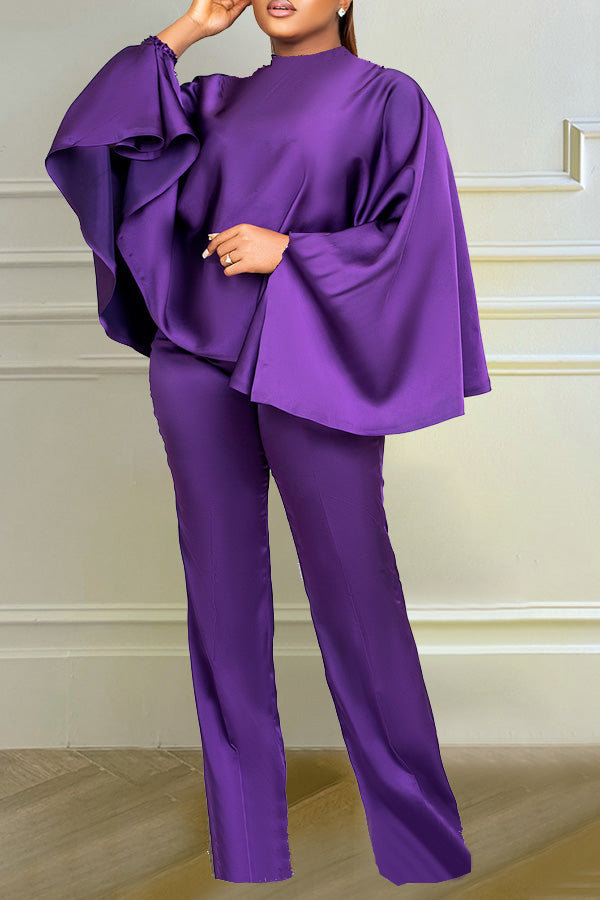 storexq Solid Color Batwing Sleeve Rocking Flowy Pant Suit