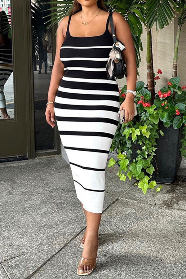 storexq Striped Simple Spaghetti Strap Midi Dress