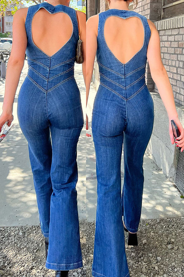 storexq Solid Color Urban Open Back Denim Jumpsuit