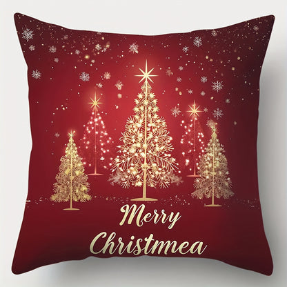 4-Piece Set of Christmas Pillows, 17.2"x17.2" each, Red Christmas Tree & Ornament Print, Zipper Closure, Soft Polyester Fiber, Contemporary Style, Machine Washable, Living Room Sofa Decor