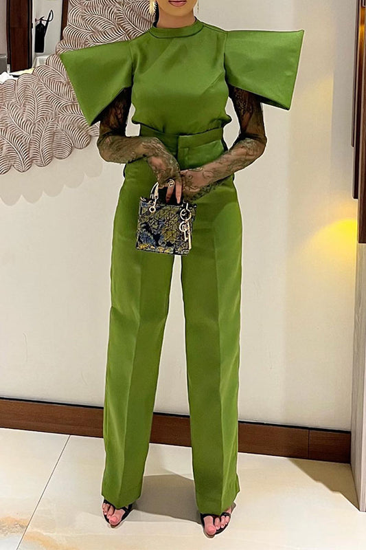 storexq Solid Color Dramatic Patchwork Lace Sleeve Pant Suit