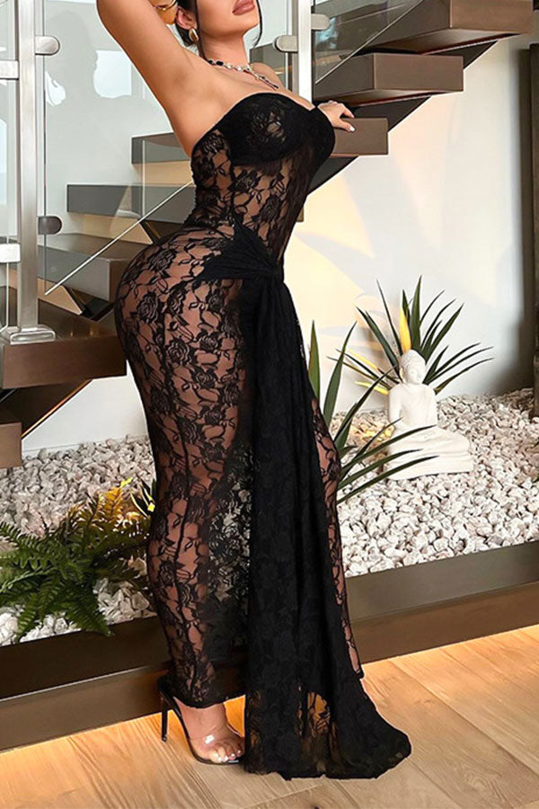 namcoverse Lace See-Through Strapless Party Lace-Up Maxi Dress