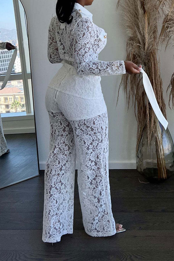 storexq Lace Classic Single Breasted See-Through Pant Suit