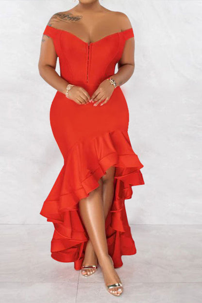 storexq Solid Color Rocking High Low Ruffle Maxi Dress