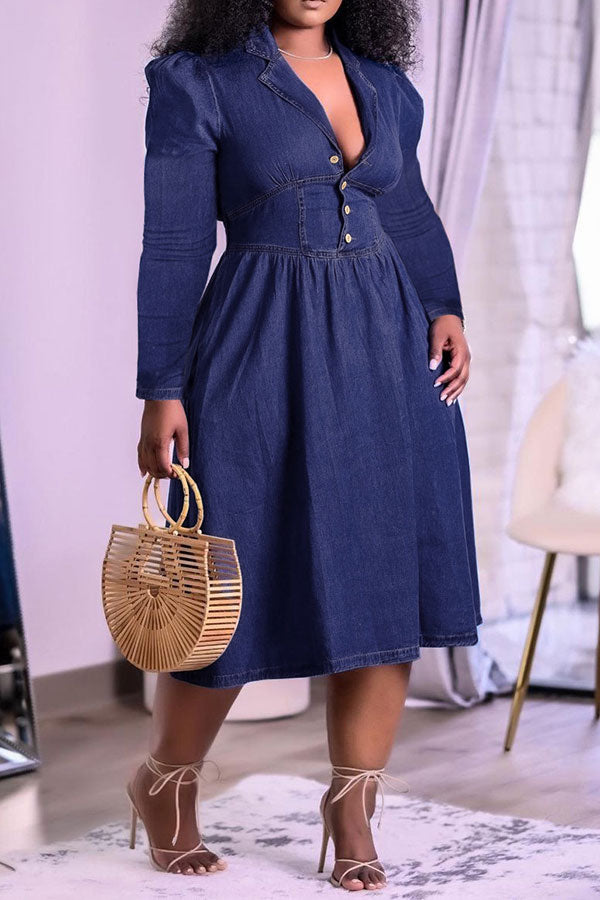 namcoverse Solid Color Casual Denim Midi Dress