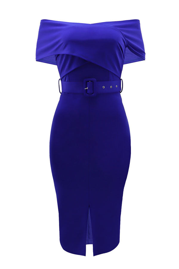 storexq Solid Color Elegant Off Shoulder Belted Midi Dress
