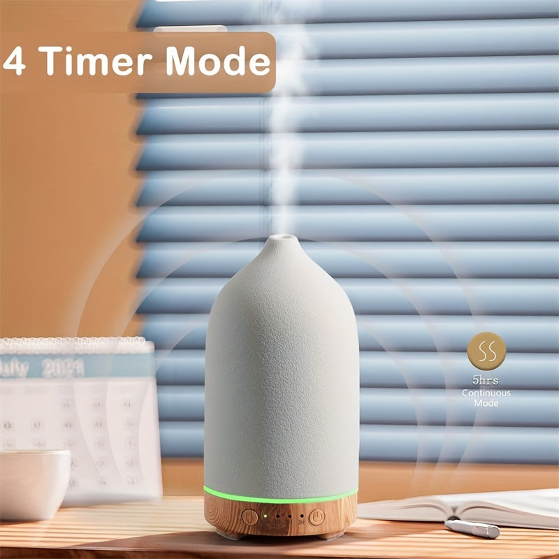 160ML Ceramic Essential Oil Diffuser - Aromatherapy Humidifier for Home Bedroom - Stone Pattern Yellow Wood Base, Air Purifying, Moisturizing, and Fragrance Diffusing