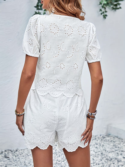 Summer Chic Shorts Set - Elegant Solid Eyelet Embroidered, Crew Neck Short Sleeve Blouse, Scallop Trim Loose Fit Shorts, Womens Clothing, Perfect for Warm Weather, Outdoor Activities, and Casual Events