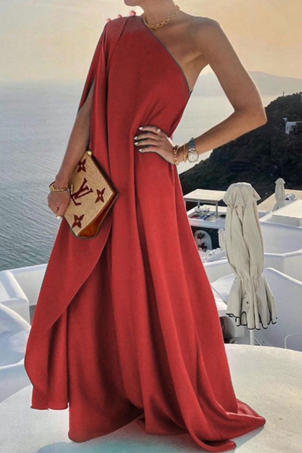 storexq Solid Color Chic One Shoulder Flowy Maxi Dress