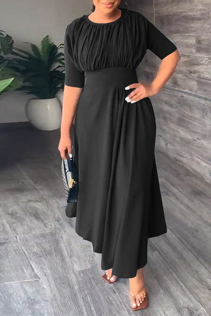 storexq Solid Color Stunning Pleated Detail Irregular Hem Midi Dress