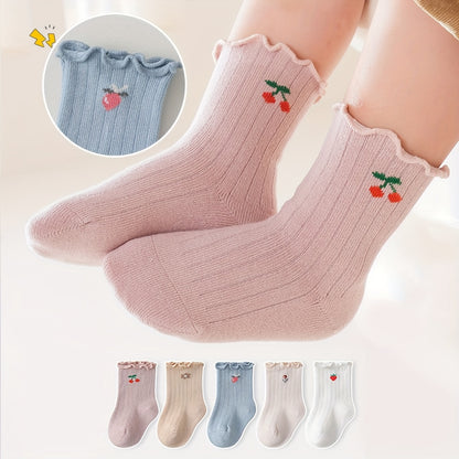 5 Pairs Girl's Cartoon Fruit Pattern Knitted Socks, Cotton Blend Comfy Breathable Soft Crew Socks For Outdoor Wearing