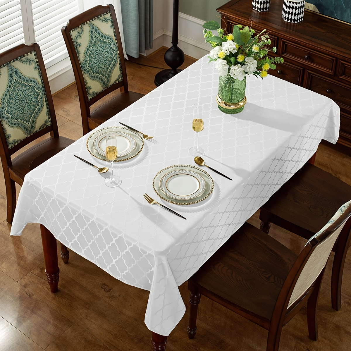 1pc Premium White Rectangle Waterproof Tablecloth - Durable Jacquard Design, Stain & Spill-Proof, Wrinkle-Resistant, Washable - Perfect for Dining, Parties, Indoor & Outdoor Events - Adds Elegance to Any Table Setting