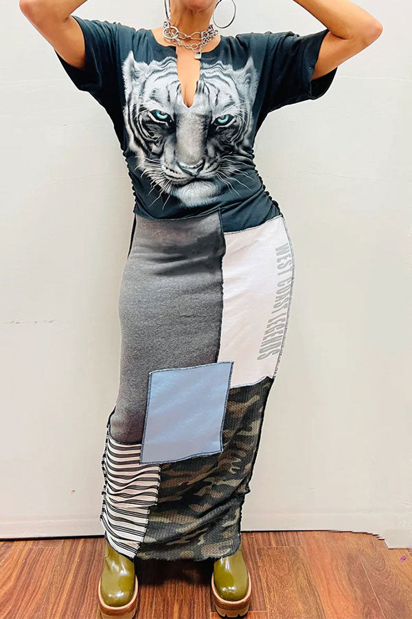 storexq Tiger Print Stylish Patchwork Midi Dress