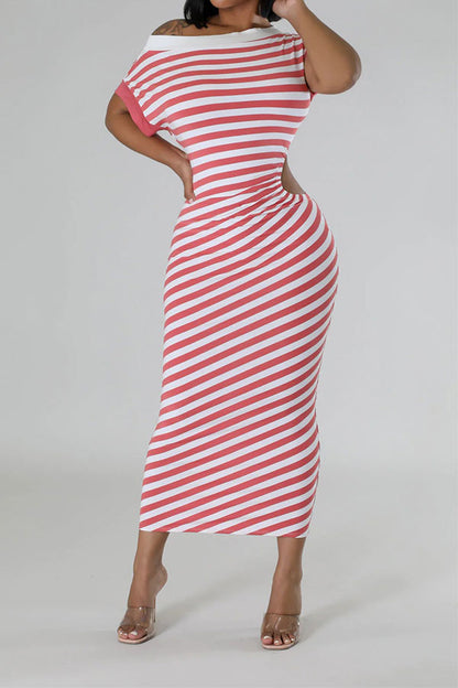 storexq Striped Patchwork Boat Neck Classic Cutout Midi Dress