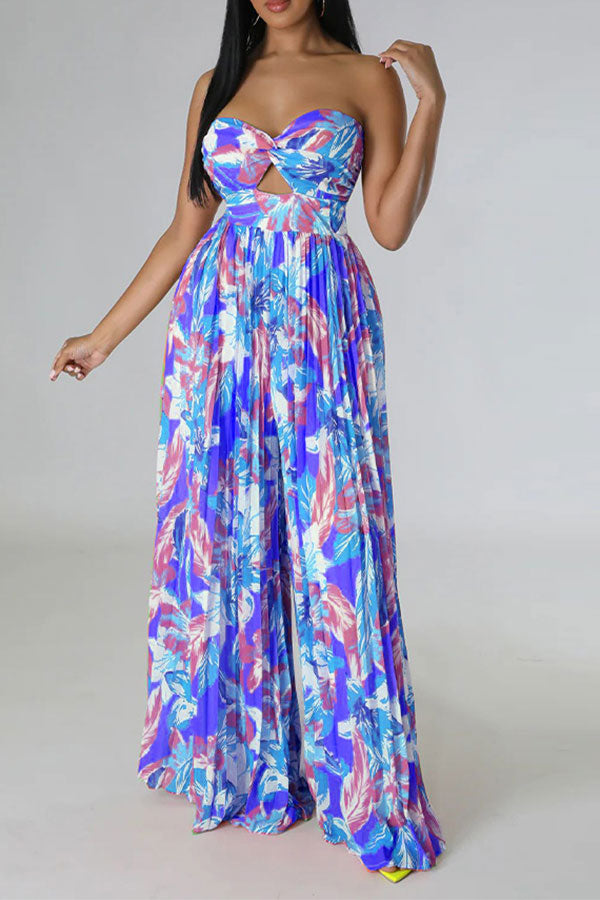 storexq Floral Print Twisted Detail On-trend Pleated Jumpsuit