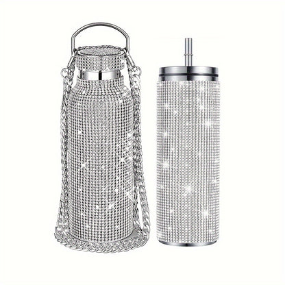 Buy 1 Get 1 Free, total of 2 pcs Glittering Sparkling Studded Insulated Vacuum Flasks - 600ml/20oz Stainless Steel Thermal Water Bottles Set for Hot and Cold Beverages - Perfect Travel Cups for Summer and Winter, Unique Gifts for Friends and Family