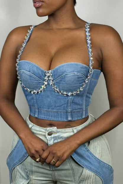 storexq Rhinestone Trim Glittery Denim Camisole