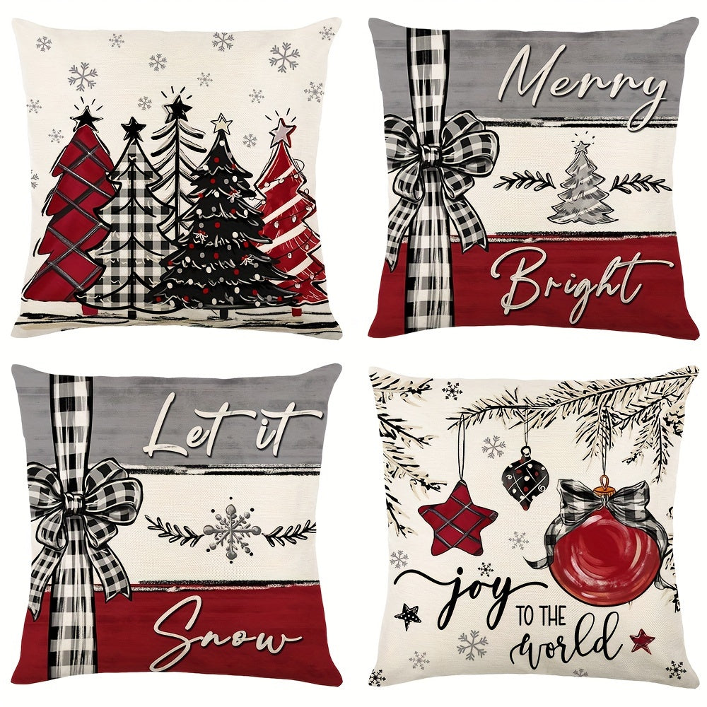 4 Pcs/set Christams Throw Pillow Cover With Four Design: Plaid Trees, Bows, And Messages Like Merry & Bright, Let It Snow; Red Black & White Tones Creates Cozy Holiday Feel, Home Decor, 17.7*17.7inch