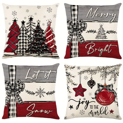 4 Pcs/set Christams Throw Pillow Cover With Four Design: Plaid Trees, Bows, And Messages Like Merry & Bright, Let It Snow; Red Black & White Tones Creates Cozy Holiday Feel, Home Decor, 17.7*17.7inch