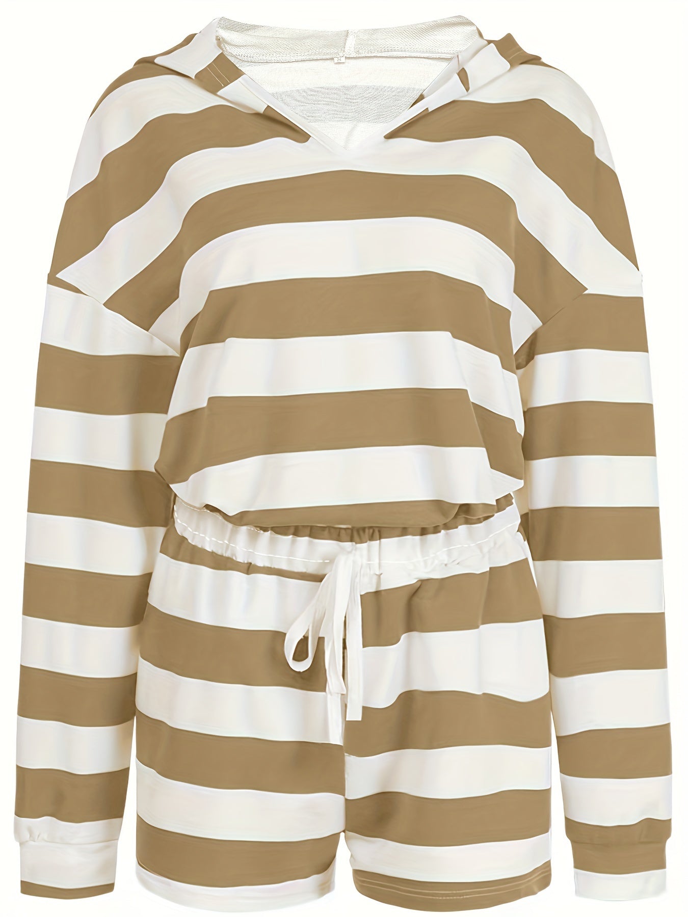 Two-Piece Striped Hooded Casual Outfit - Long Sleeve Top with Pocket & Drawstring Shorts - Polyester Knit Fabric, Mid Elasticity, All Seasons, No Sheer