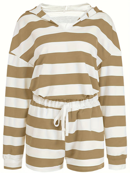 Two-Piece Striped Hooded Casual Outfit - Long Sleeve Top with Pocket & Drawstring Shorts - Polyester Knit Fabric, Mid Elasticity, All Seasons, No Sheer