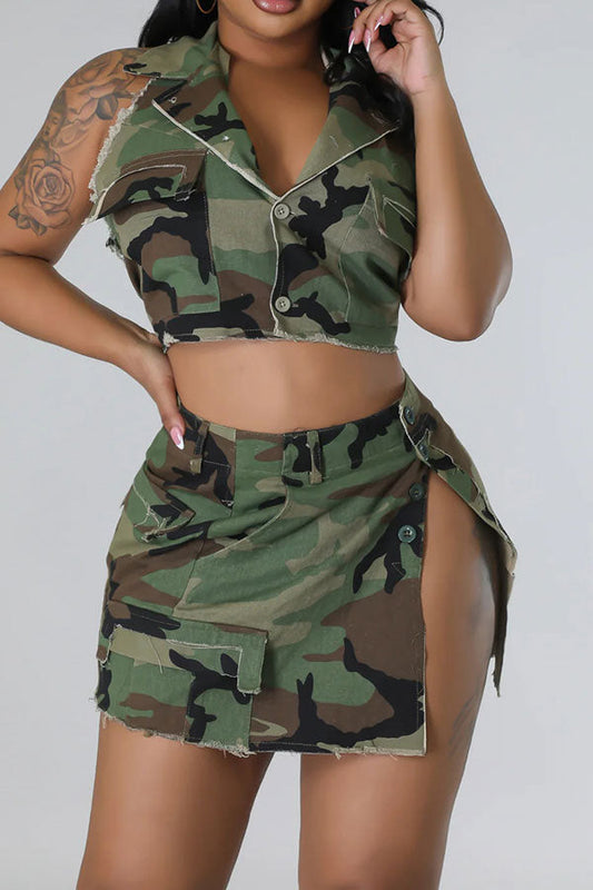 storexq Camouflage Hot High Split Open Back Dress Suit