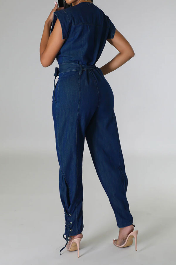 storexq Solid Color On-trend Strappy Belted Denim Jumpsuit