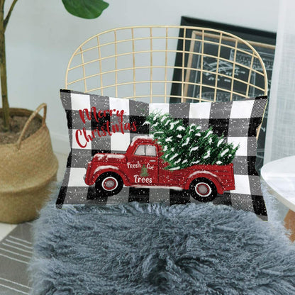 12 x 20 Inch Single Sided Linen Festive Farmhouse Christmas Pillow Cover: Red Truck with Plaid Background, Machine Washable, Zipper Closure for Various Room Types