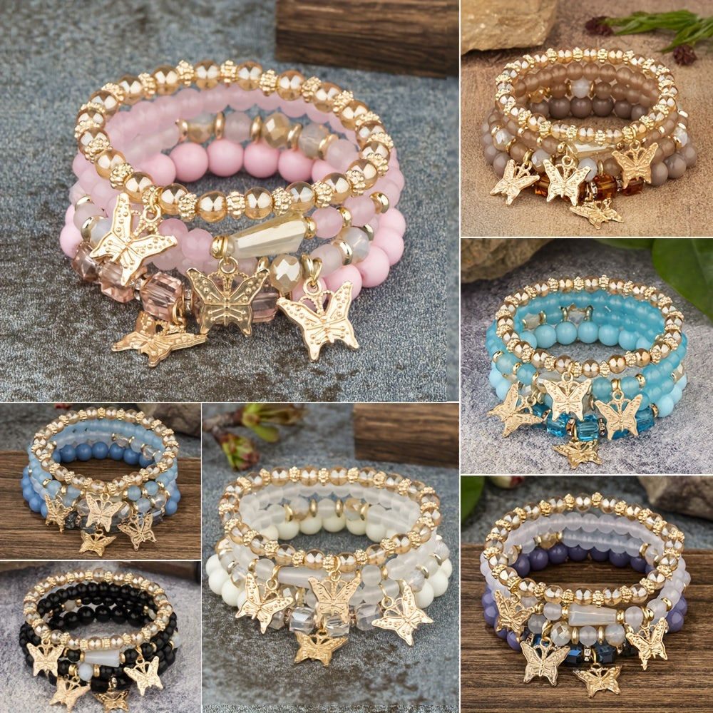 28-Piece Multilayer Beaded Stackable Bracelet Set - Artificial Crystal Butterfly Pendant Jewelry with Handcraft DIY Beads, Stretch Hand String, and Versatile Layering Options - Perfect for Fashionistas and Jewelry Makers