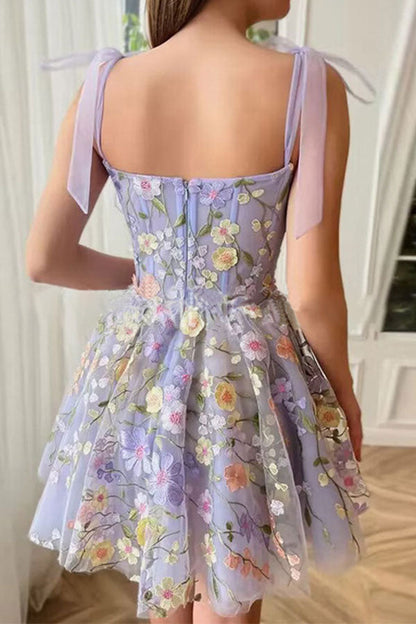 storexq Floral Embroidery Sweet Tie Shoulder Tulle Mini Dress