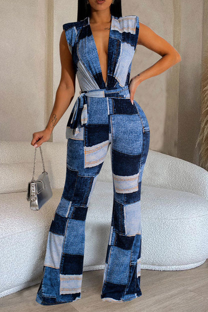 storexq Denim Print Modern Deep V Neck Belted Jumpsuit