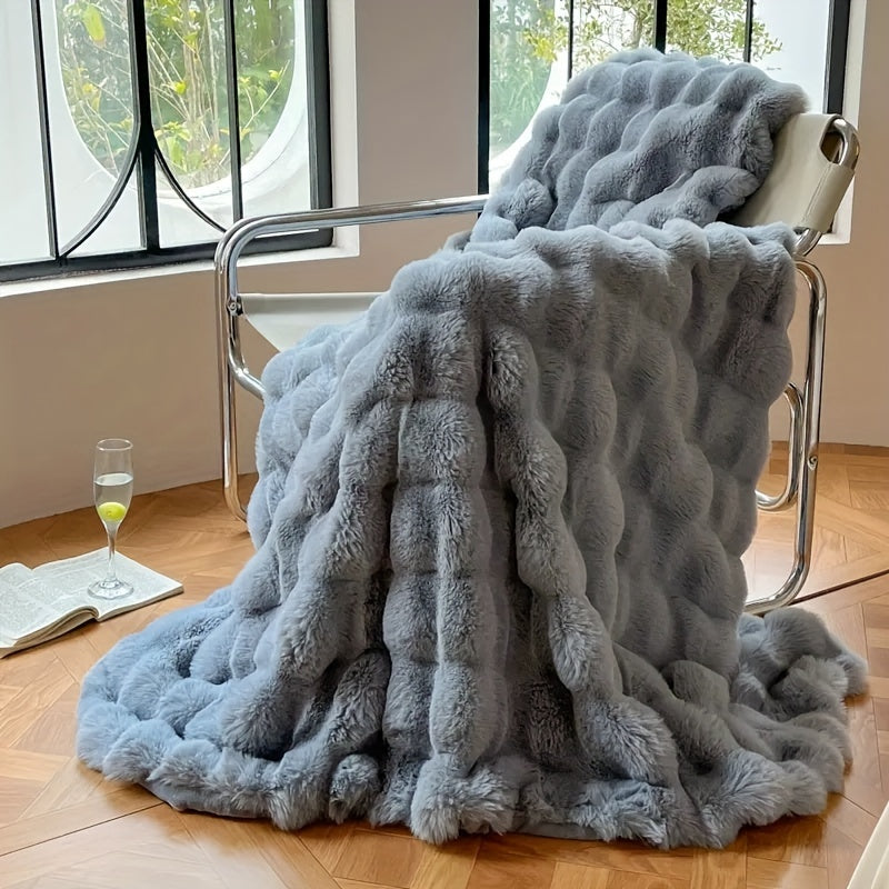 1pc Decorative Soft Thick Fuzzy Faux Rabbit Fur Throw Blanket For Couch Sofa, Reversible Plush Warm Fleece Fluffy Blanket For Winter, Luxury Cute Cozy Furry Blanket For Bed, Cream White