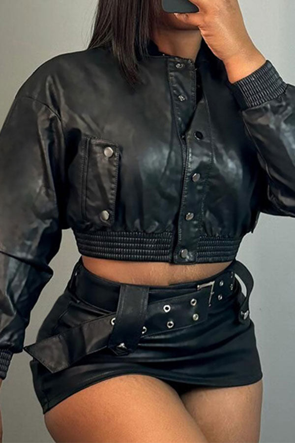 storexq Solid Color PU Punk Belted Jacket & Skirt