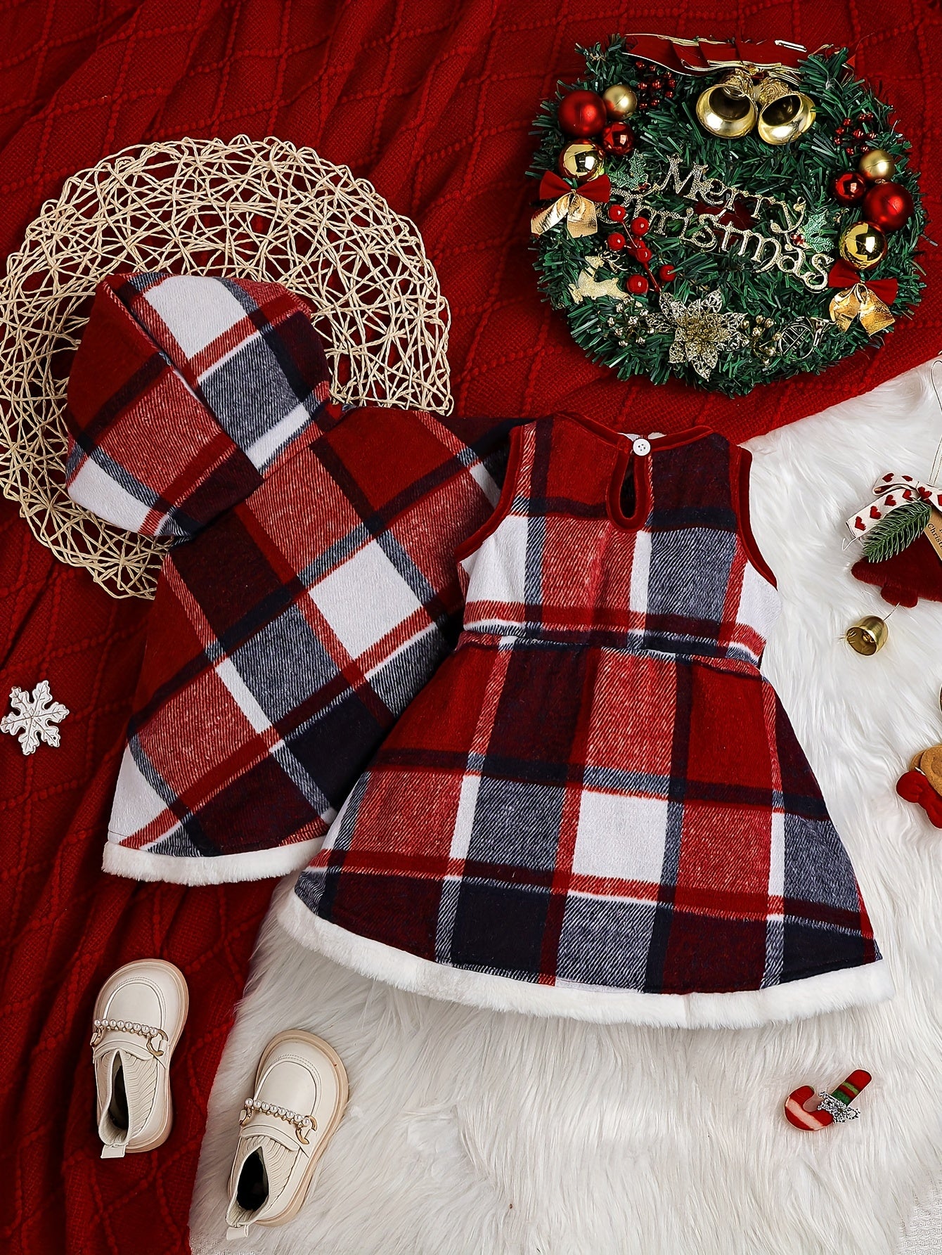 Christmas Style Toddler Baby Girl's Stylish Fleece Lined Plaid Coat + Plaid Dress Set, Warm Outfit For Fall & Winter Outdoor Clothes