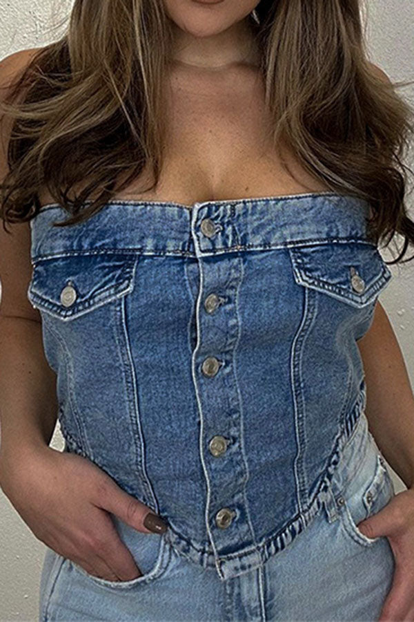 storexq Solid Color Simple Button Thru Denim Camisole