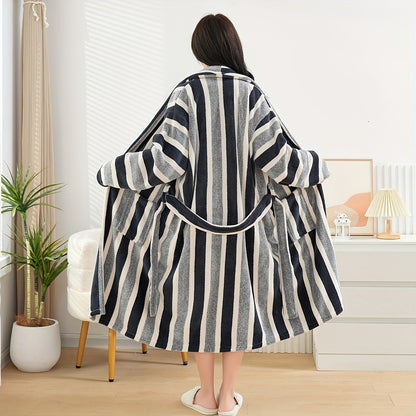 1pc Contemporary Microfiber Bathrobe with Hood – Unisex Long Sleeve, Quick Dry, Soft and Absorbent, Low Lint, Knit Fabric with Striped Pattern, Polyester and Polyamide Composition, Machine Washable – Suitable for Couples, Students, Universal Use 300gsm