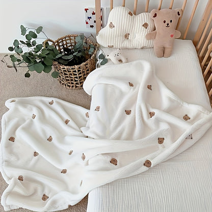 Embroidered Baby Bear Throw Blanket, Micro Minky Warm Swaddle for Newborns, Infants & Toddlers 0-3 Years - Cozy Outdoor Wrap for Babies