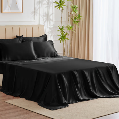 6-Piece Luxurious Satin Sheet Set - Soft, Silky Microfiber, Deep Pocket Fitted Sheet, Flat Sheet, 4 Pillowcases, Smooth, Breathable, Hypoallergenic, and Gentle on Skin