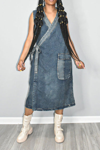 namcoverse Patchwork Urban Lace-Up Denim Midi Dress