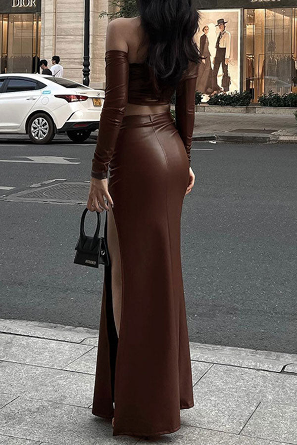 storexq Solid Color Cool High Split Asymmetric PU Skirt Suit